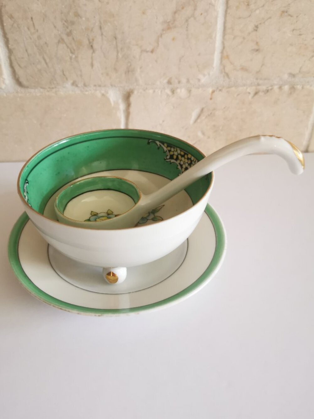 Noritake Bowl Set with Spoon & Saucer Green Trim Floral 3-Footed Vintage Japan